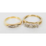 Two 9ct gold rings, one with three diamonds, 6.1g. The three diamonds ring is size N, the other is