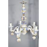 A Capo Di Monte type five branch ceramic chandelier. 48cms tall x 46cms wide