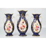 A 19th century garniture, each with floral hand painted bodies, on cobalt blue ground, the tallest