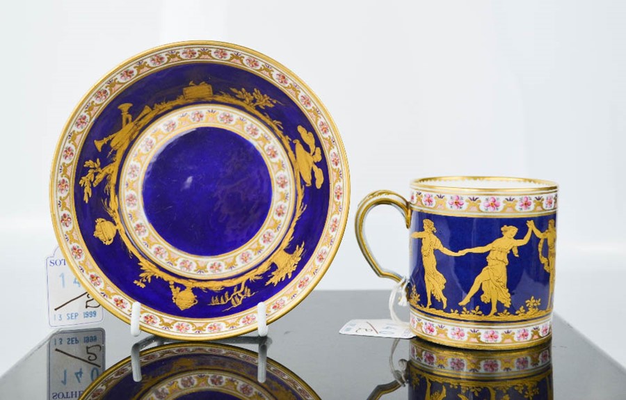 A fine 18th century Sevres enameled porcelain coffee cup and saucer, France, 1780, gilded mark to