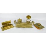 A brass desk set, with inkstand, blotter and stamp box.