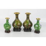 Two pairs of cloisonne vases, 20th century. Taller pair 16cms high on stands, other pair 12cms