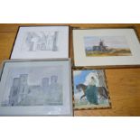 Four pictures to include watercolour of a windmill.