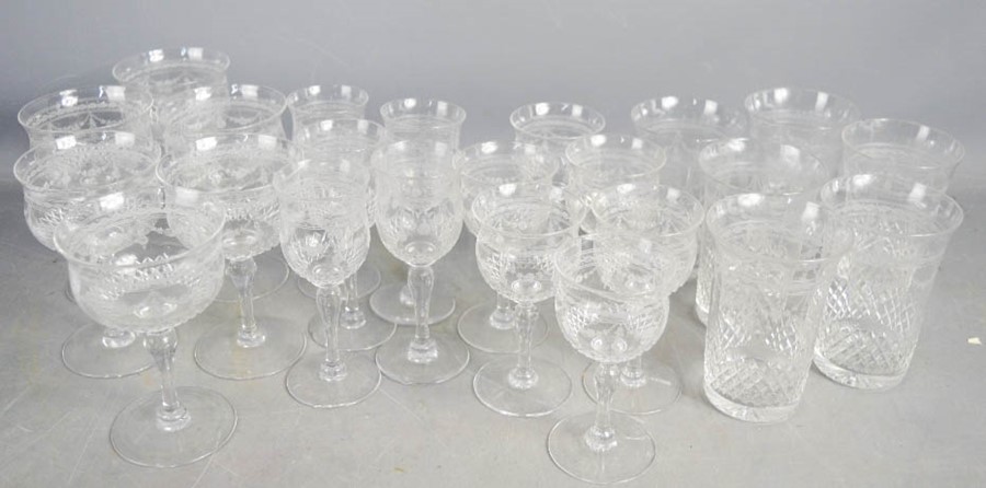 A group of Edwardian etched glasses including six tumblers, six wine glasses, six sherry glasses and