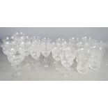 A group of Edwardian etched glasses including six tumblers, six wine glasses, six sherry glasses and