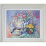 Jean Nichols, Tulips and Mo's jug, oil on muslin covered board.