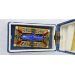 A vintage gilt metal brooch, set with coloured glass and lapis lazuli.