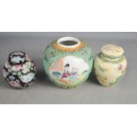 Three Chinese ginger jars, one painted with figural scenes.