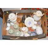 A group of ceramics including coffee pot, golfer, Wedgwood jasperware and other items.