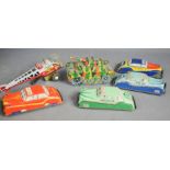 A group of tin cars, including Fire Chief, Police, Staff Car, Tin helicopter and tin tank.