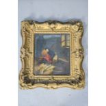 A 19th century oil on tin, with large moulded frame, depicting child weeping, with sweeping brush to