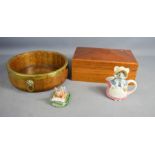 An oak brass bound bowl, and a jewellery box, a ceramic bunny and otagiri.