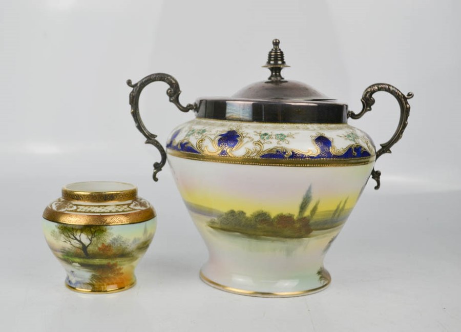 A Noritake hand painted jar and silver plated cover, together with smaller jar.