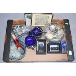 A group of items to include silver plated cruet, cups, glass paperweights, studio ware bowl, crystal