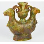 A Chinese jade carved double rams head bottle vessel.