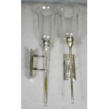 A pair of silver plated wall sconces with glass shades, French, 72cm high.