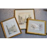 Three watercolours depicting scenes in Stamford: Town Bridge by Joy Scholes and another by Viola