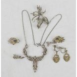 A group of silver and marcasite jewellery, brooch, necklace and other items.