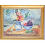 Lily Farlin (20th century): still life of jug, bowl with flowers and fruit, 38 by 49cm.