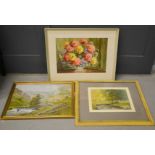 Roy R Walker, Autumn Flowers, watercolour, AA Clayton; two landscapes, one in pastel dated 1934