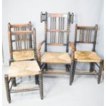 A 19th century bobbin chair, with high back and wing extensions, rush seat, together with three