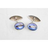 A pair of butterfly wing cufflinks depicting ships.