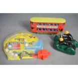 A Speedway pin ball game telsalda, boxed Double Decker bus, remote control tractor and bike and side