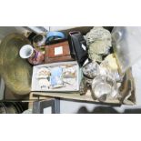 A group of items to include Beswick sheep, leather case silver plated hand mirror. and other items.