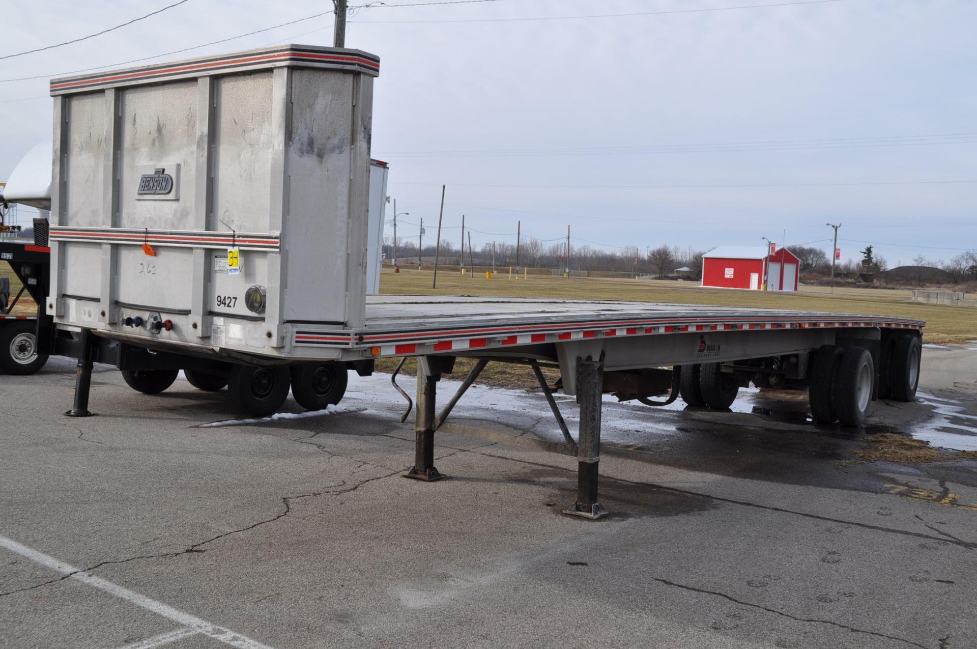 1994 Benson aluminum flat-trailer, 45’x92”, 10’ spread axle, headache rack