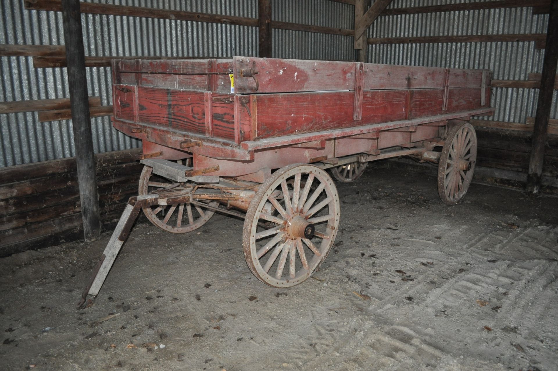 14’ antique wagon, wooden spoke wheels, sideboards, 5th wheel steering