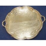 Impressive large mid 19th century silver circular tray engraved with scrolls & flowers, with tied