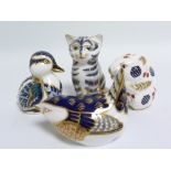 Four small Royal Crown Derby paperweights in the form of a Duck, Field Mouse, Wren & seated Cat, the