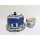 19th century Lear blue Jasperware covered cheese dome decorated with classical figures, 26cm