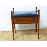 Edwardian mahogany box seat piano stool with inlaid banding, side rails & square tapered supports