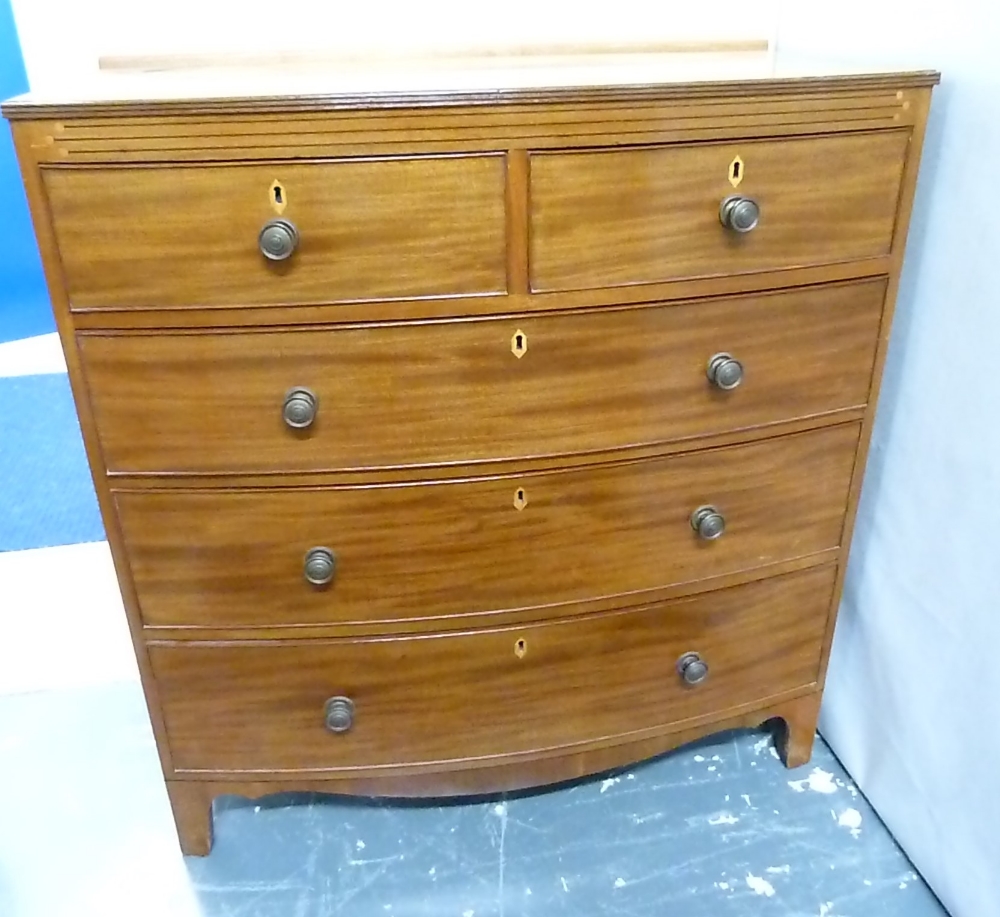 19th century mahogany bow front chest of two short & three long drawers, ebonised stringing & shaped