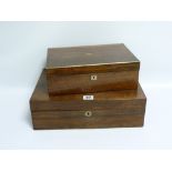 Victorian rosewood box of rectangular form with inlaid brass plaque & escutcheon, with foiled