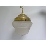 Brass pendant ceiling light with moulded frosted glass shade, 38cm high. Electrical testing /