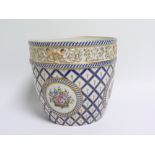 Large German Potschappel porcelain jardiniere with floral panels & scroll border on lattice