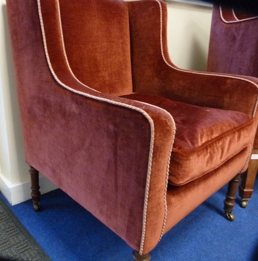 Two early 19th century rectangular tub armchairs upholstered to match, one on ring turned mahogany - Image 2 of 2