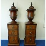 Pair of George III mahogany wine cisterns, on cupboard stands, the cisterns formed as urns with
