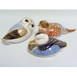 Three Royal Crown Derby paperweights in the form of a Duck, 7cm long; Owl, 12cm long & Pheasant (