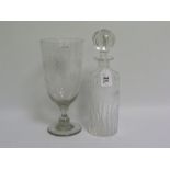 Clear glass decanter of cylindrical form with cut faceting & etched decoration of blackberries &