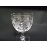 Set of six 19th century clear glass rummers, the rounded bowls with etched decoration of hops &