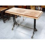 Rectangular bar table, the hardwood top on wrought iron supports with understretcher. 108cm x 44cm.