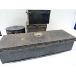 Various black tin deed & hat boxes.