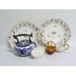 Coalport blue & white transfer decorated teapot of kettle form, 14cm high; a small red & gilt basket