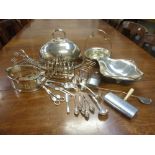 E.p. meat dish cover; a tall candle extinguisher; three toast racks & others items.