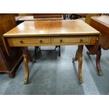 Sheraton style mahogany sofa table with satinwood crossbanding & drawer fronts & ebonised stringing,