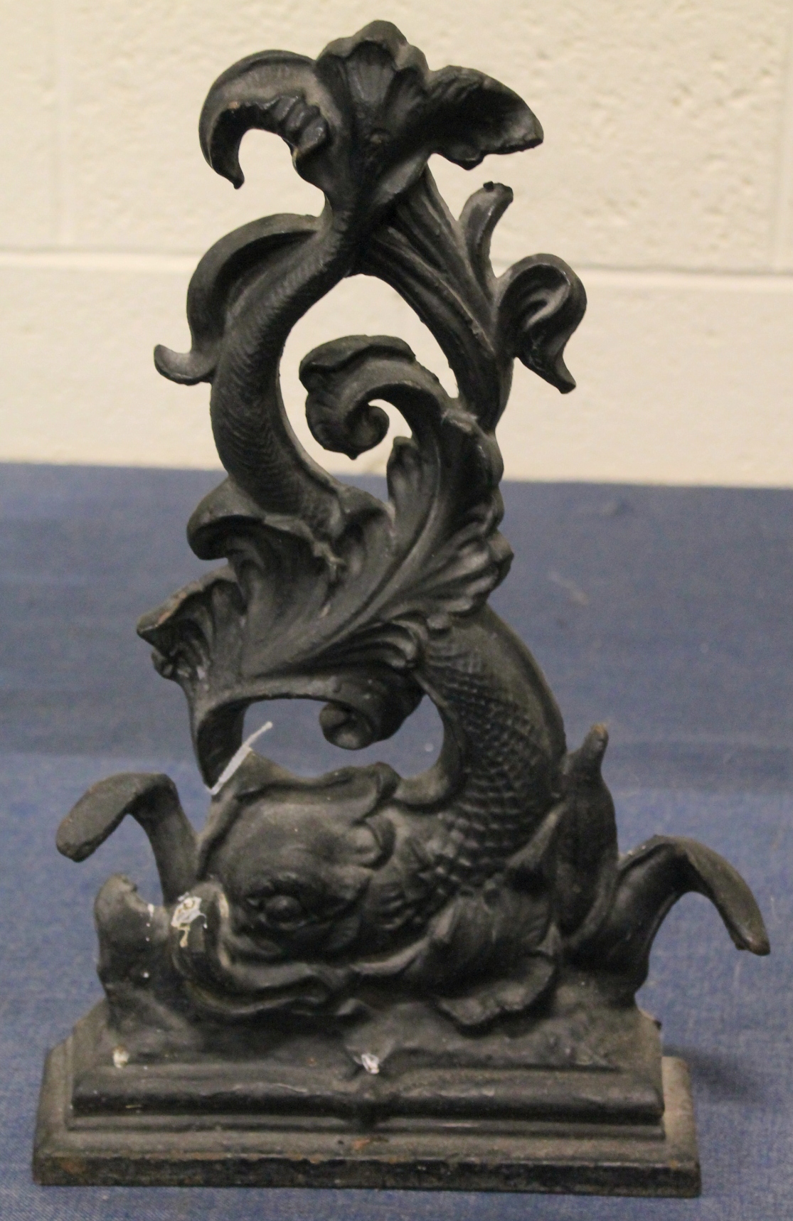 Pair of black painted cast iron doorstops in the form of classical scrolling dolphins, each 41cm - Image 2 of 7