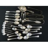 Silver tea strainer; three sugar tongs & a quantity of spoons & other small items, 16 oz.